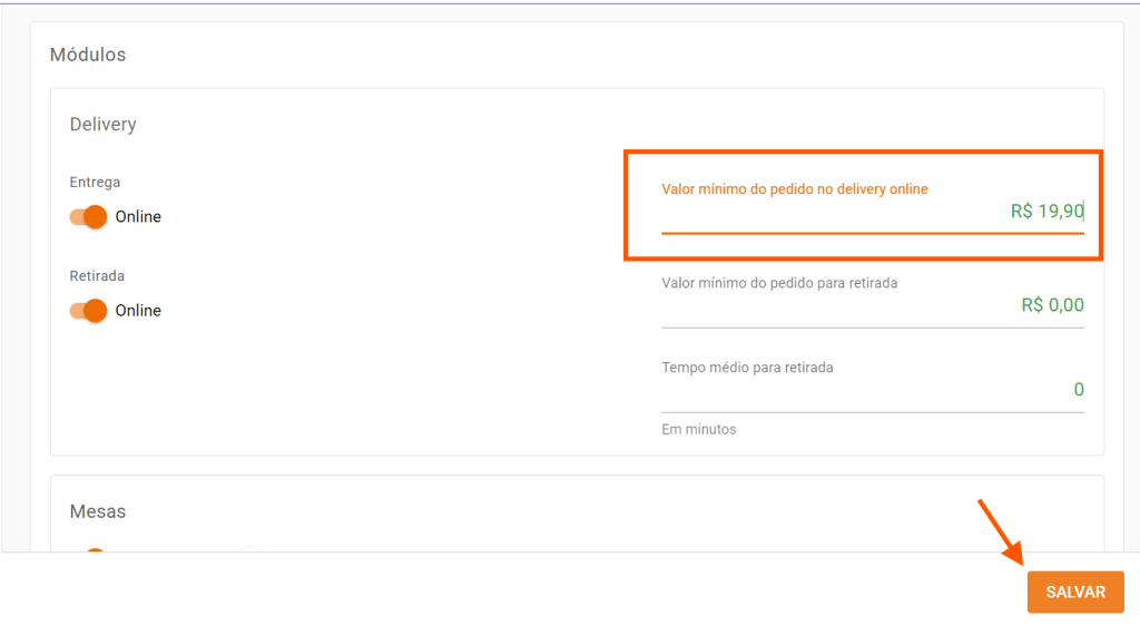tela 4: salvar valor mínimo grandchef
